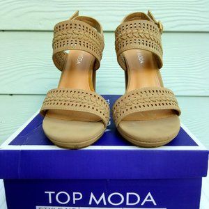 Size 6 M Top Moda Claire-6 peep toe, sling back, block heel sandal. Tan.